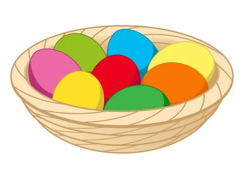Easter egg, dyed colored hen eggs in a wicker basket bowl, vector illustration イラスト素材