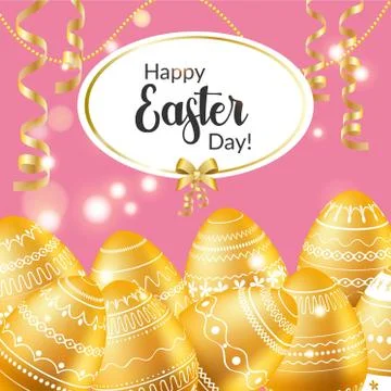 Easter egg. Easter greeting card with golden eggs, ribbons, shiny effect. Rel Stock Illustration