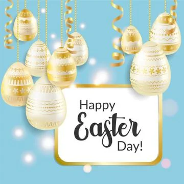 Easter egg. Easter greeting card with golden eggs, ribbons, shiny effect. Rel Stock Illustration