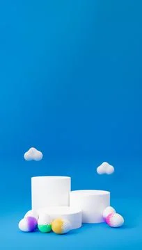 Easter egg with empty podium 3d render illustration on blue background with c Illustrazione stock