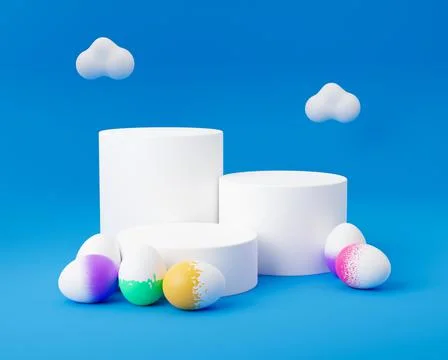 Easter egg with empty podium 3d render illustration on blue background with c Illustrazione stock