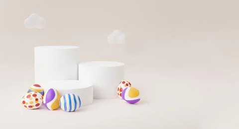 Easter egg with empty podium 3d render illustration on beige background with  Illustrazione stock