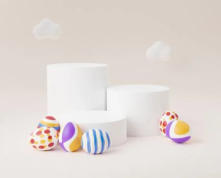 Easter egg with empty podium 3d render illustration on beige background with  Illustrazione stock