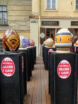 Easter Egg Festival. Rows of figures in the form of multicolored Easter eggs Stock Photos
