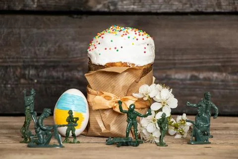 Easter egg with the flag of Ukraine, Easter cake, blossoming cherry branch .. Stock Photos