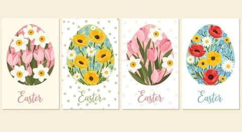 Easter Egg Floral Designs - Spring Holiday Cards with Tulips, Daffodils, Po.. Ilustração Stock