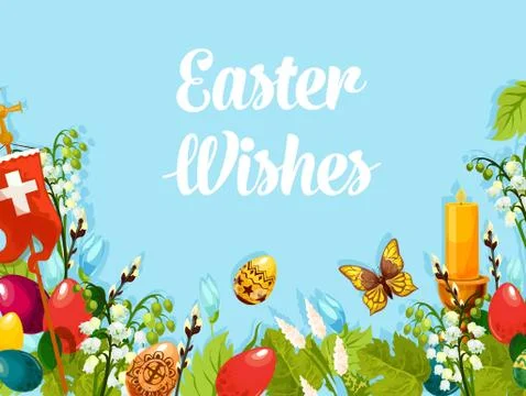 Easter egg, flower, cross, candle cartoon poster Stock Illustration