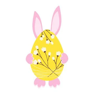 Easter egg with flower decor and soft pink bunny ears and paws behind. Greeting Illustrazione stock