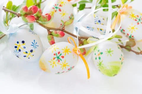 Easter egg on a flowering tree branch Stock Photos