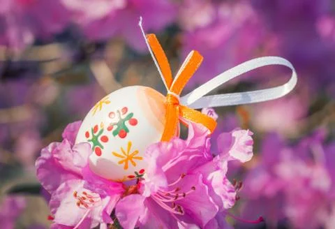 Easter egg on a flowering tree branch Stock Photos