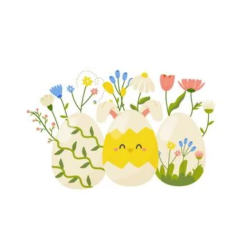 Easter egg with flowers, concept in cartoon style for card, print, sticker,.. Stock Illustration