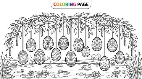 Easter Egg Garland Coloring Page with Swans and Lily Pads. Stock Illustration