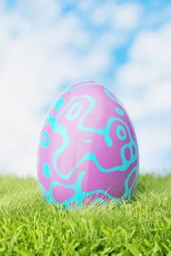 Easter egg in the grass in the meadow. Pink Easter egg in blue patterns. 3d r Ilustración de archivo