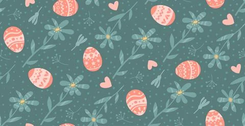 Easter egg green seamless pattern. Small flowers, leaves around eggs. Vector Stock Illustration