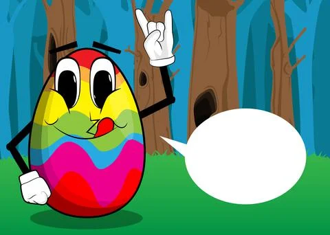 Easter Egg with hands in rocker pose. Cartoon character with funny face for t Stock Illustration