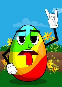 Easter Egg with hands in rocker pose. Cartoon character with funny face for t Illustrazione stock