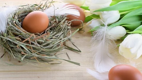 Easter egg. Happy Easter decoration: natural colour eggs in basket with spring Stock Footage 146683633
