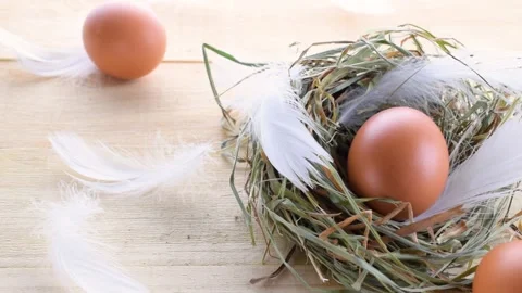 Easter egg. Happy Easter decoration: natural colour eggs in basket with spring Stock Footage 150065278