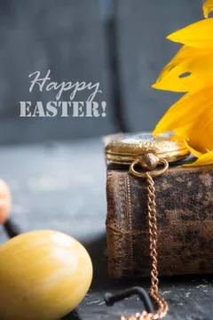 Easter egg with happy easter word Stock Photos