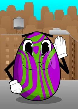Easter Egg holds hand at his ear, listening. Cartoon character with funny fac 库存插图