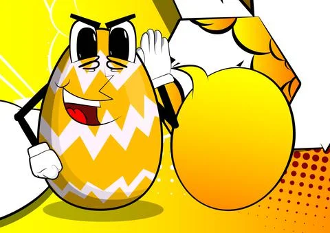 Easter Egg holds hand at his ear, listening. Cartoon character with funny fac 库存插图