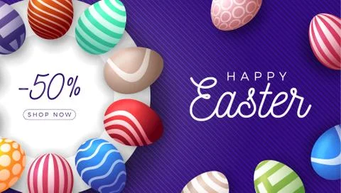 Easter egg horizontal banner. Easter card with colorful eggs laid out in a ci 库存插图