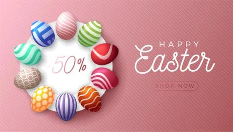 Easter egg horizontal banner. Easter card with colorful eggs laid out in a ci 库存插图