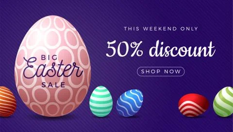 Easter egg horizontal banner. Easter big sale card with big colorful ornate e Illustrazione stock