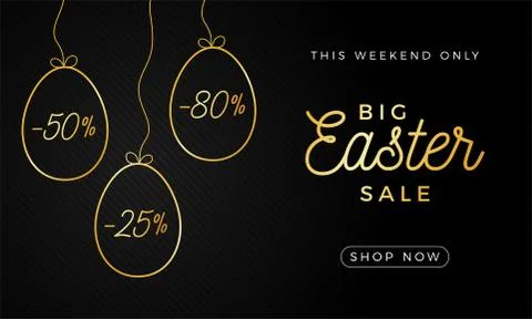 Easter egg horizontal banner. Easter card with hand draw eggs, gold and black Stock Illustration