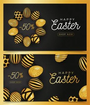 Easter egg horizontal banner set. Easter card collection with eggs laid out i Stock Illustration