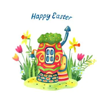 Easter egg house surrounded by grass and flowers. Stock Illustration