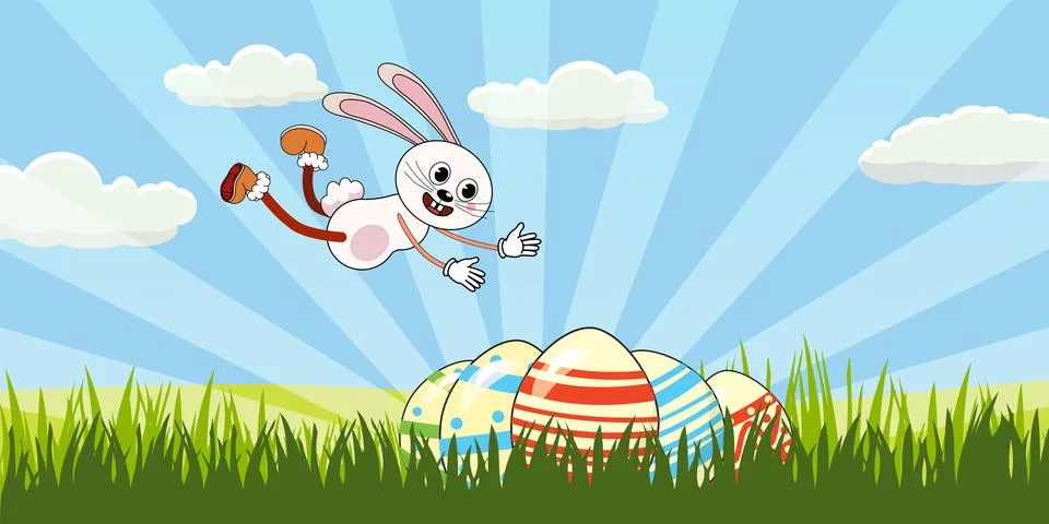 Easter egg hunt banner, bunny hunting for egg. Spring meadow, city park イラスト素材