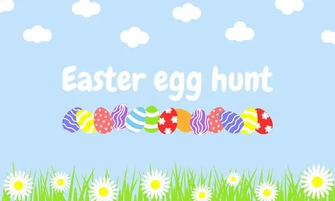 Easter egg hunt banner design. Blue background clouds grass daisies Easter eg Stock Illustration