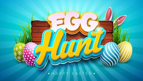 Easter Egg Hunt Banner Illustration with Painted Egg and 3d Typography Lett.. Stock Illustration