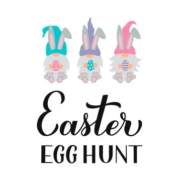 Easter egg hunt calligraphy hand lettering with cute gnomes holding eggs. Fun Stock Illustration
