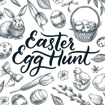 Easter Egg Hunt calligraphy lettering. Doodle sketch vector illustration. Vin Stock Illustration