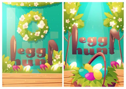 Easter egg hunt cartoon posters with rabbit ears Stock Illustration