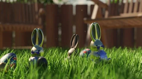 Easter egg hunt. Cute chocolate bunnies and eggs are hidden in green grass. Stock Footage 158245922