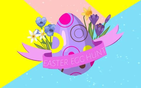 Easter egg hunt with decorated egg, ribbon and flowers, easter symbols vector Stock Illustration