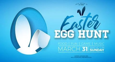 Easter Egg Hunt Illustration with painted eggs and flowers on nature blue Stock Illustration