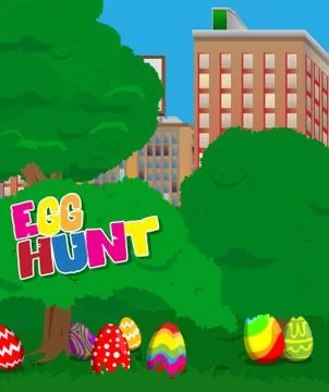 Easter egg hunt invitation with dyed eggs in the city park. Vector cartoon ch Ilustración de archivo