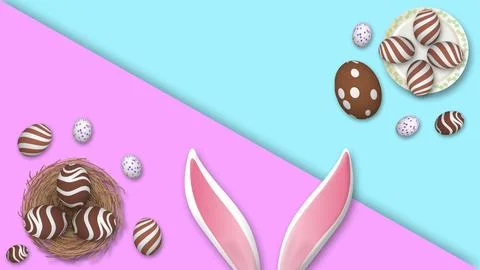 Easter egg hunt party concept illustration with chocolate eggs and pink bun.. 스톡 일러스트