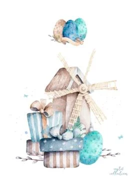 Easter egg hunt party poster design template. Cute watercolor eggs and mill w Stock Illustration