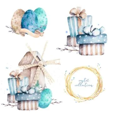 Easter egg hunt party poster design template. Cute watercolor eggs and mill w Stock Illustration