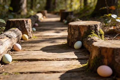 Easter egg hunt path through a sun-dappled forest with wooden logs and stumps Stock Photos