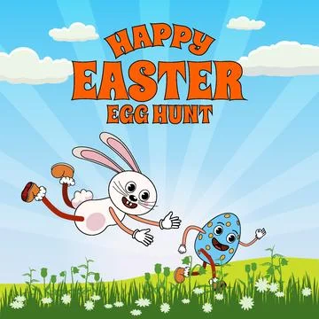 Easter egg hunt poster, bunny hunting for egg. Spring meadow, city park Stock Illustration