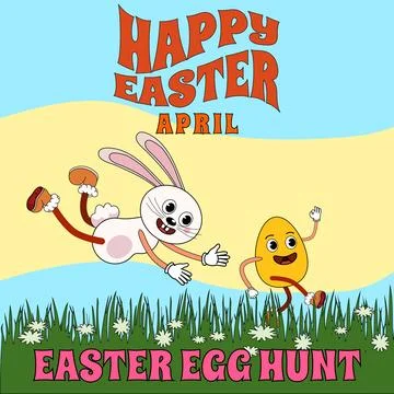 Easter egg hunt poster, bunny hunting for egg. Spring meadow, city park Ilustración de archivo