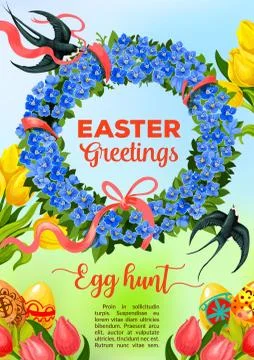 Easter Egg Hunt poster with egg and flower wreath Stock Illustration