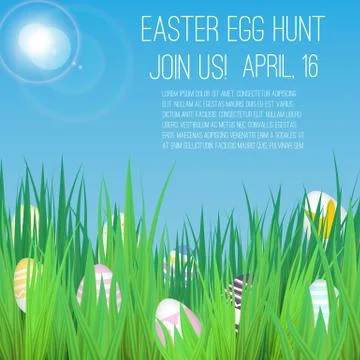 Easter Egg Hunt poster with grass and realistic eggs. Illustrazione stock