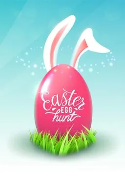 Easter egg hunt quote poster with big ping egg, easter bunny ears, green graas Stock Illustration